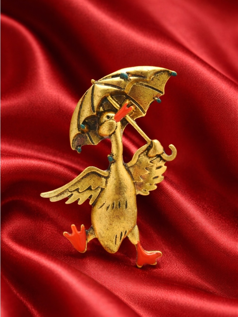 Vintage Gold Duck Brooch | Umbrella Pin Cute Statement